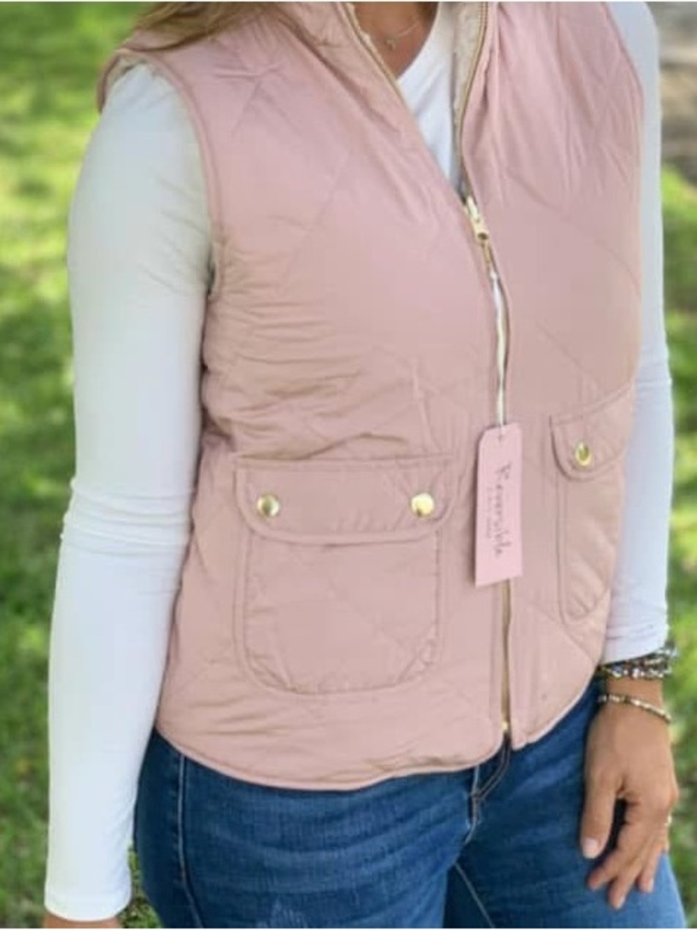 Light Pink Reversible Quilted Women's Vest with Gold-Tone Hardware